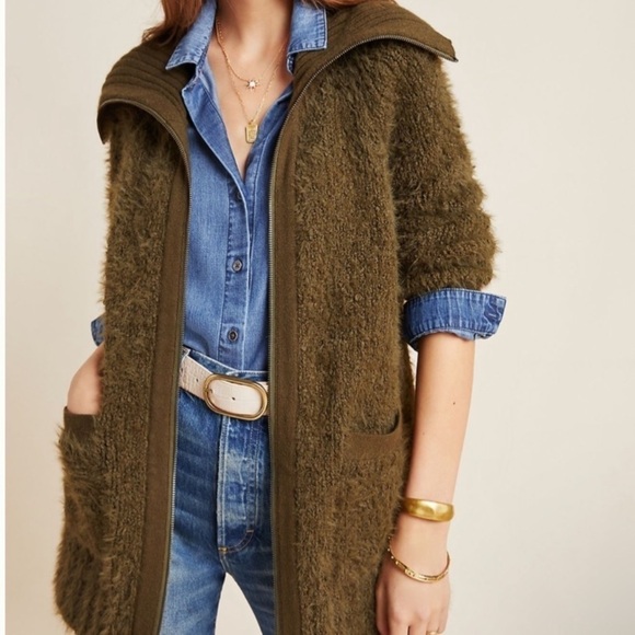 Anthropologie Bethenny Zip-Front Cardigan size S knit jacket olive green - Picture 1 of 13